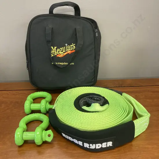 Ridge Ryder 4x4 5000Kg 9m Snatch Strap, Pair of Mudstuck Bow Shackles 4T 3/4 Green, Meguiar's Carry Bag